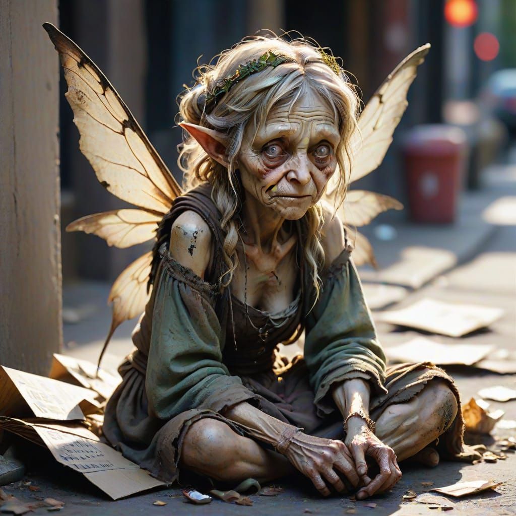 Homeless Fairy Begging in the Street: Fantasy Art