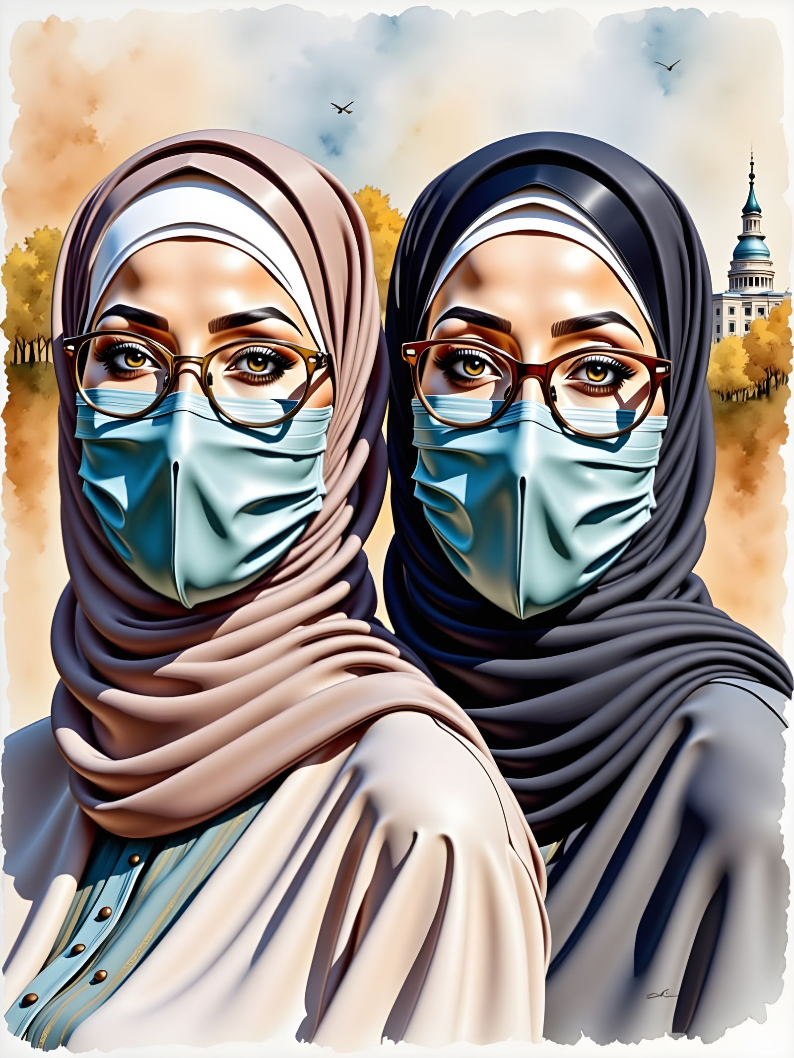 Niqabi Women Friends in Art Nouveau Style