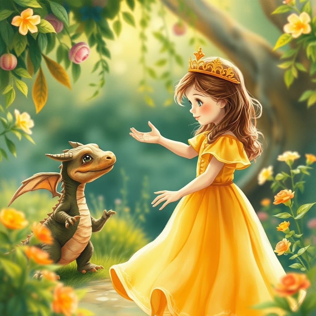 Princess and Dragon in Whimsical Garden Illustration