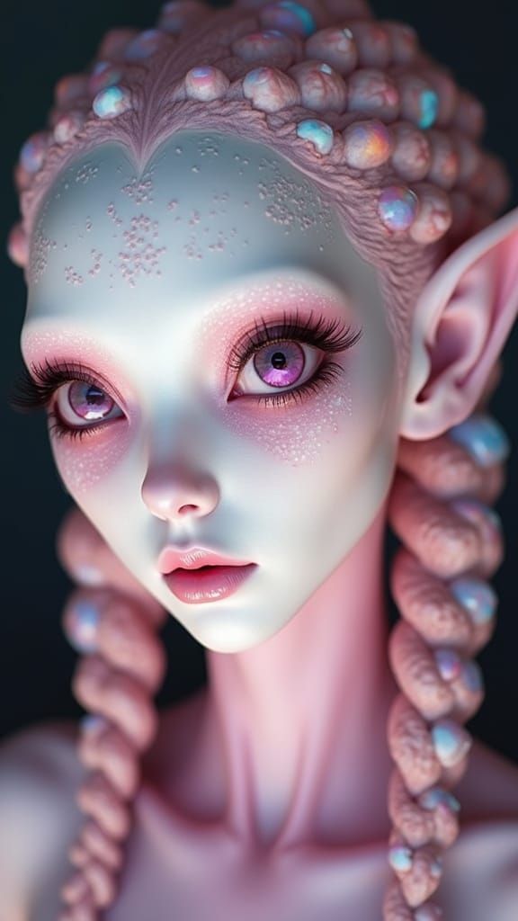 Alien Woman with Snail Braids in Opalescent Lunar Setting