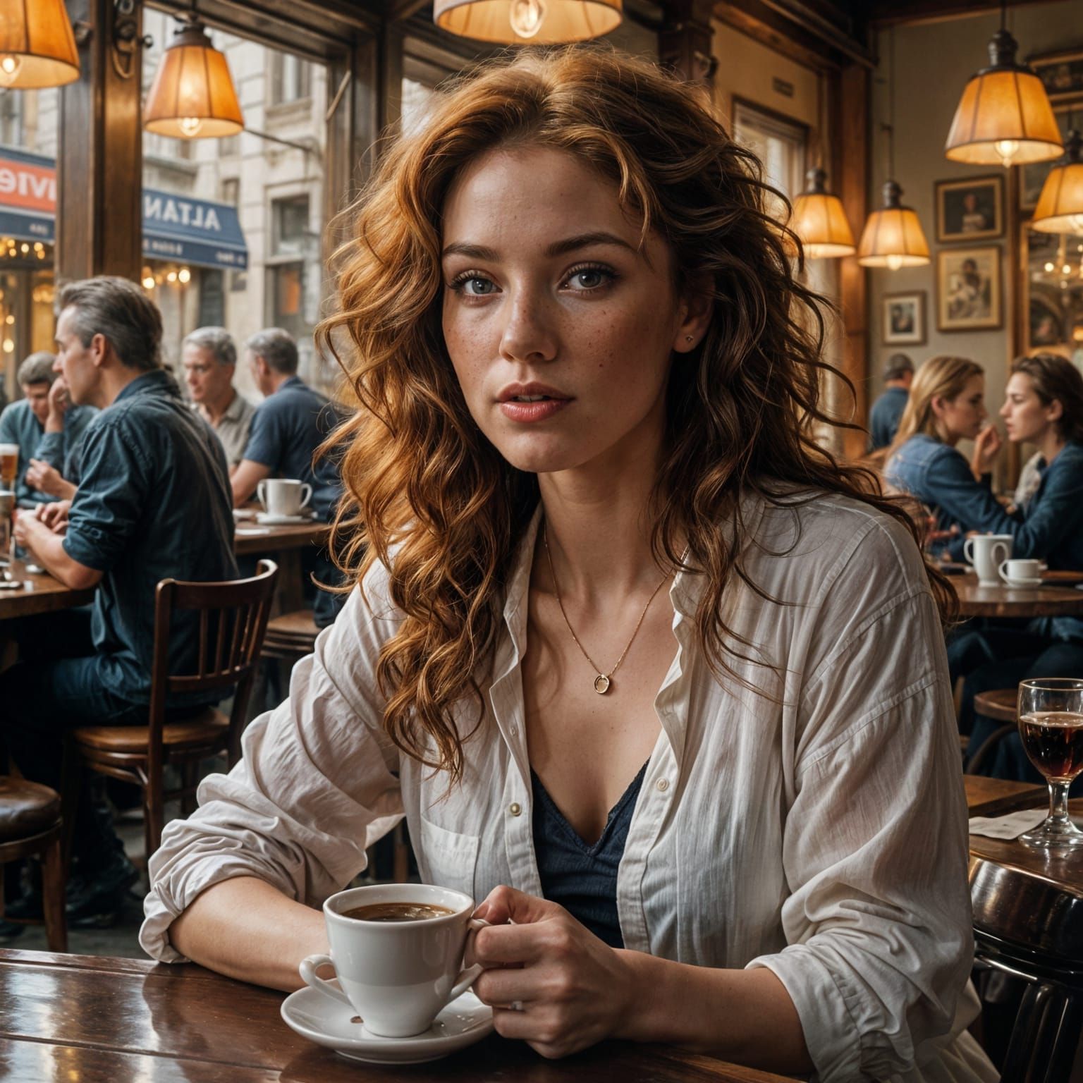 curly red-haired bored young woman sitting  at the café, dri...