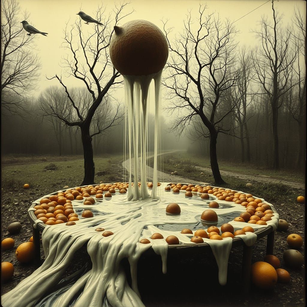 Surreal Tramway Trampoline Scene in Fruity Water