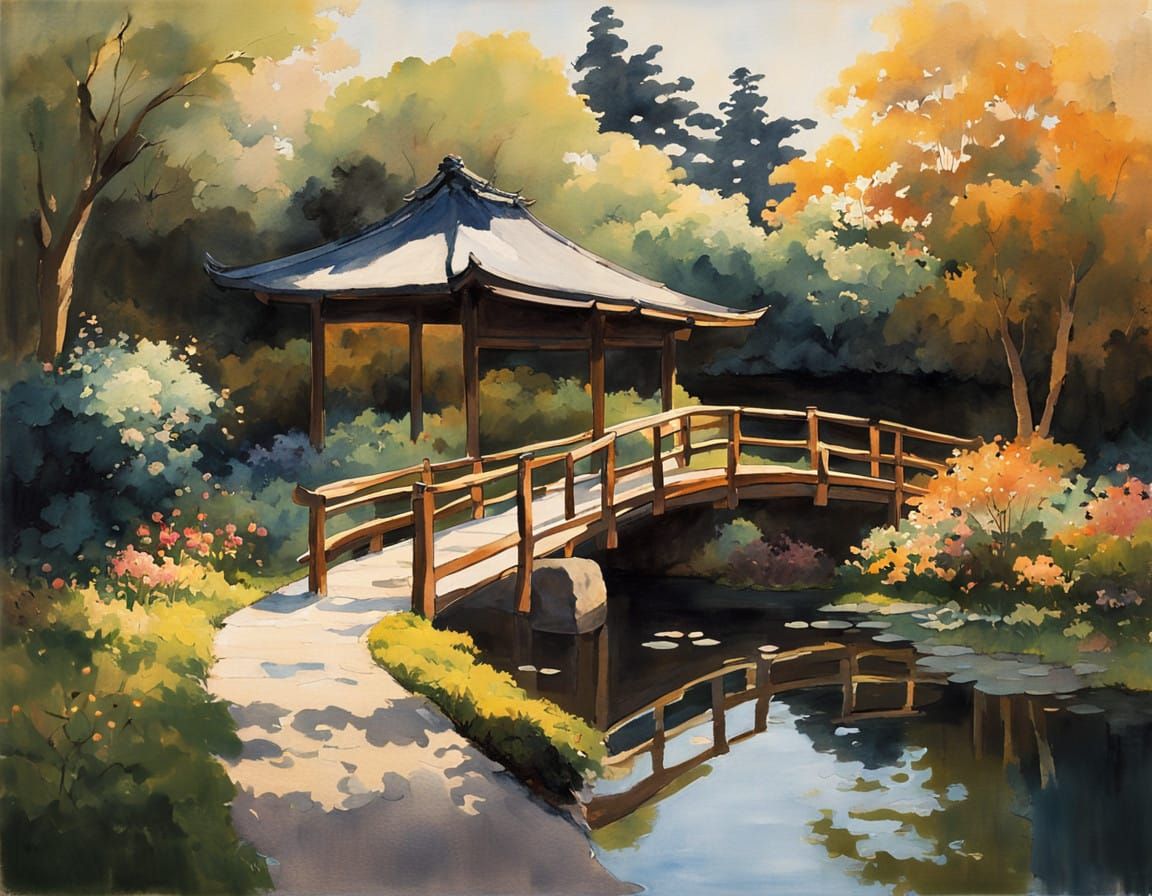 Serene Japanese Garden Scene with Elegant Figures and Tranqu...