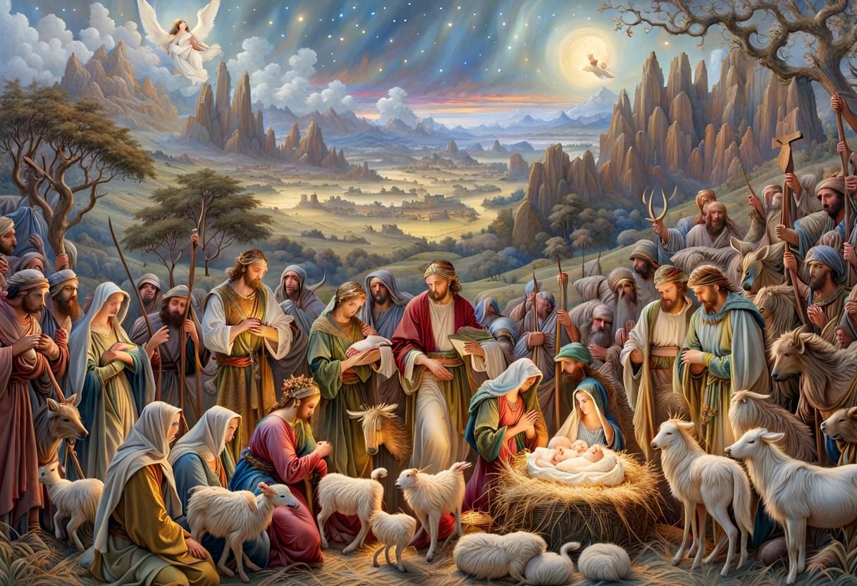Nativity Scene of Jesus Birth in Flowery Pastel Colors
