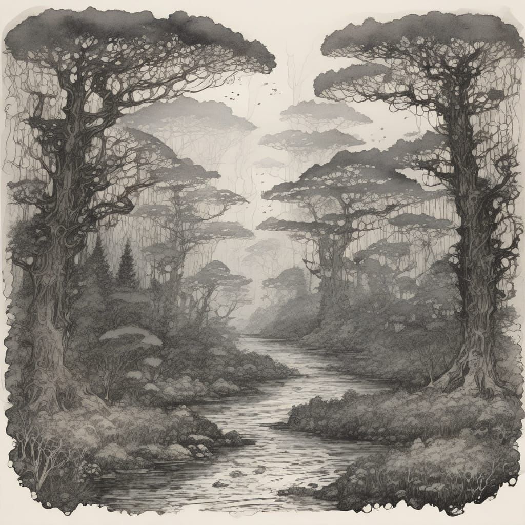 Ancient Mystical Forest in Arthur Rackham Style