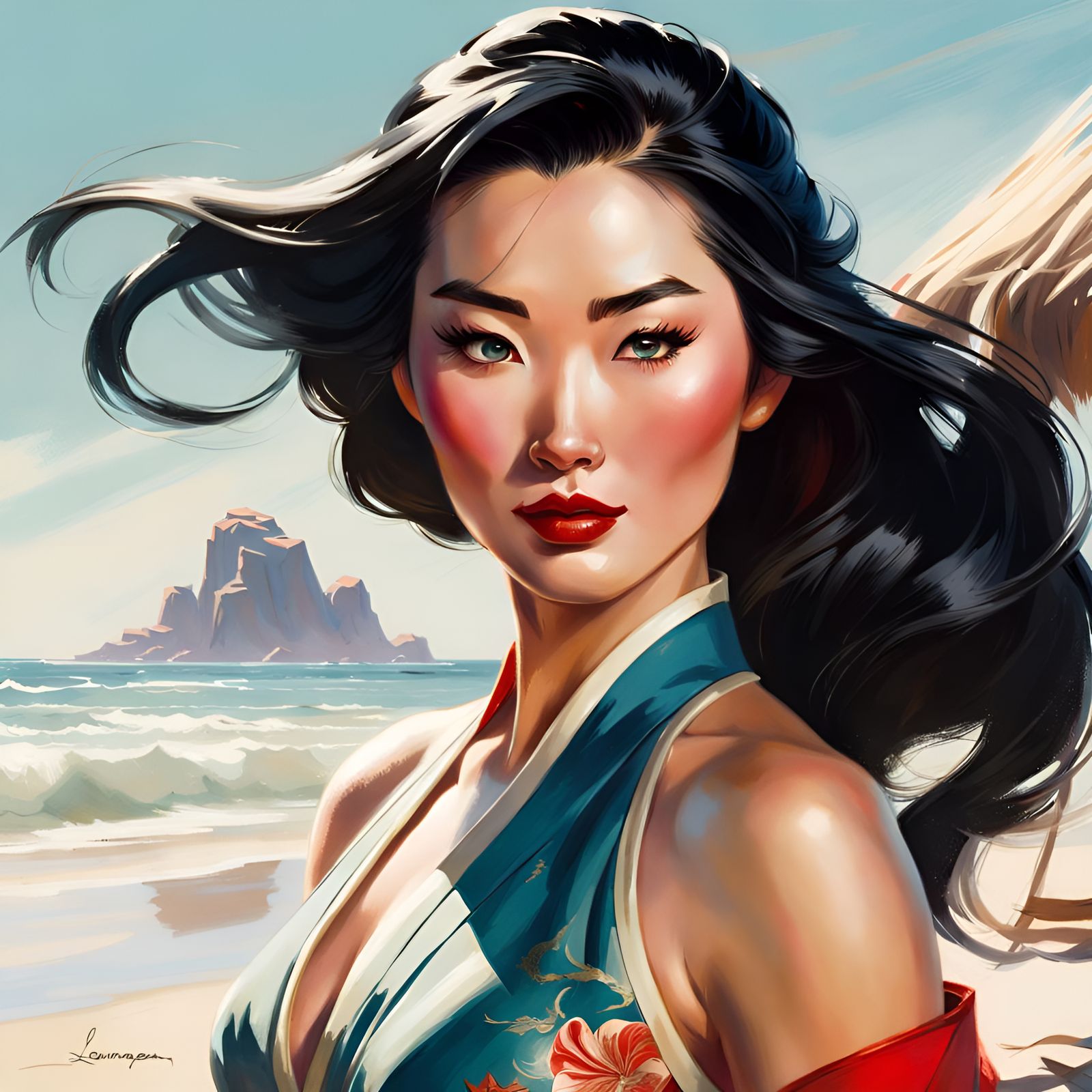 Mulan on the Beach: Pin-Up Illustration