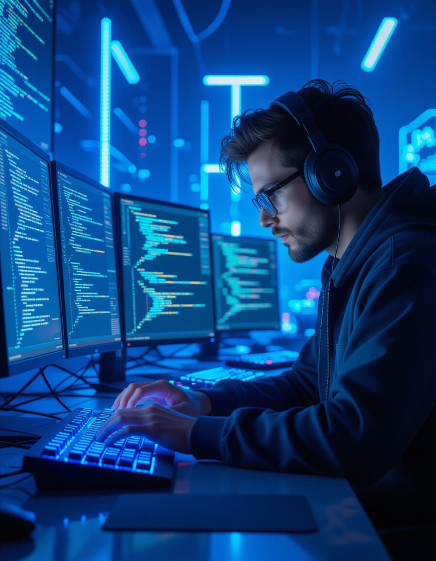 Futuristic Coder in Blue Monitor Light, Digital Painting