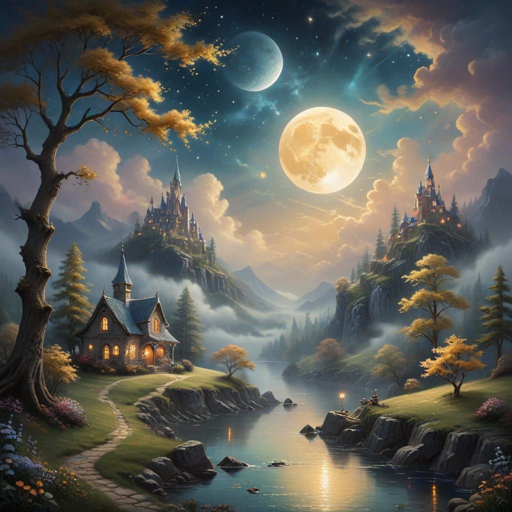 Two Majestic Moons Shine in Whimsical Fantasy Landscape