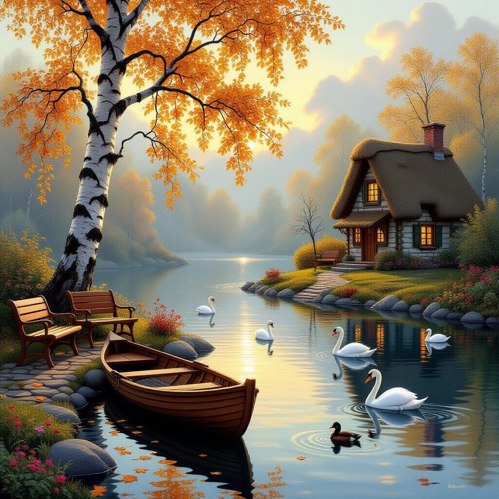 Autumn Pond Cottage in Kinkade Style