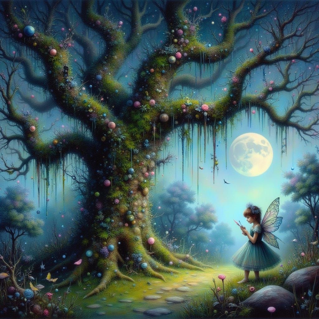 Ancient Oak Tree in Moonlit Glade with Fireflies, Watercolor...