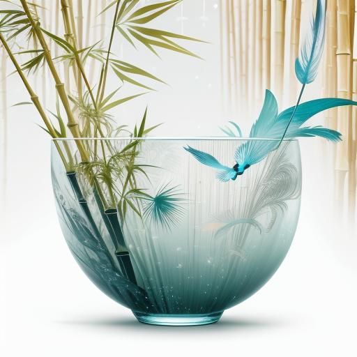 Abstract Surreal Teacup with Feathers and Bamboo