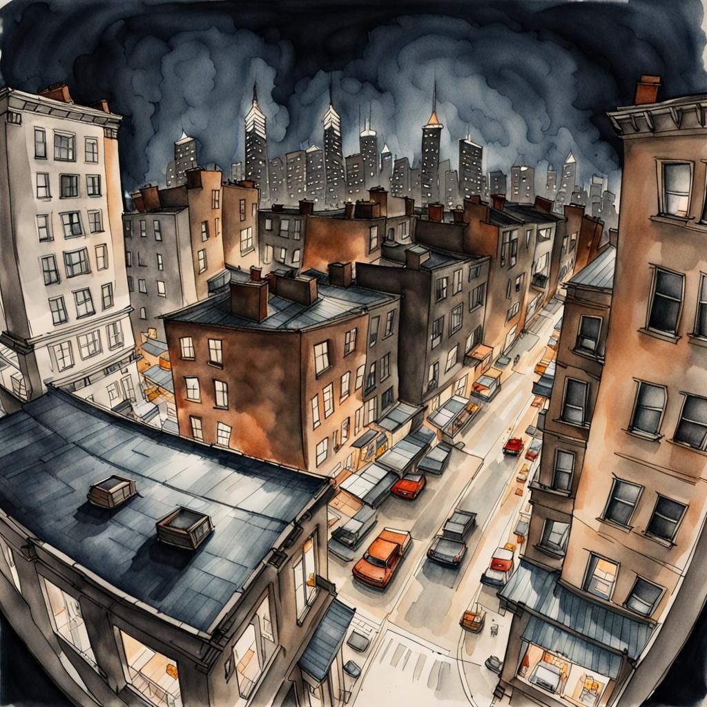 City Street at Night in Ink and Watercolor