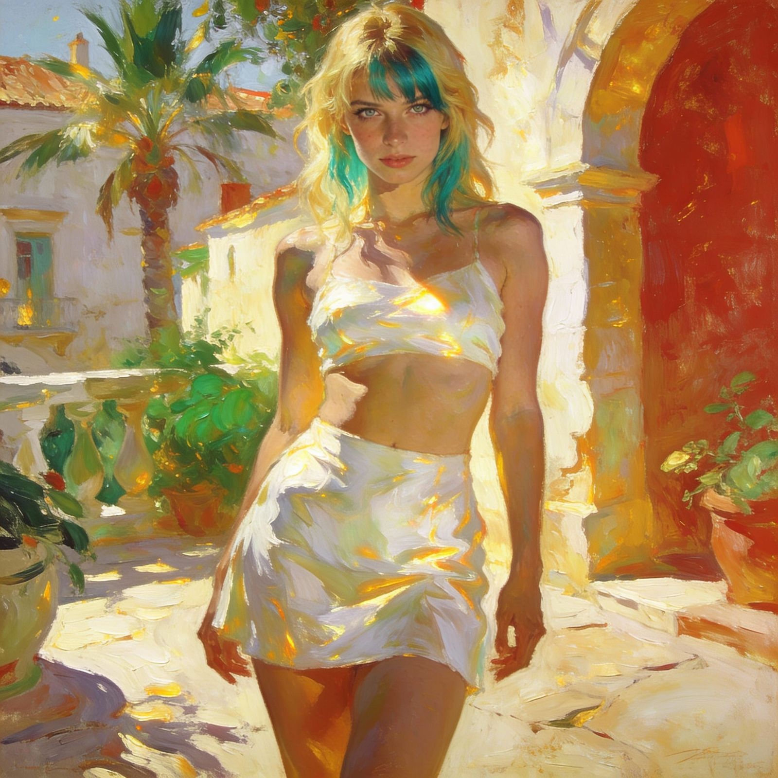 Solarpunk Pin-Up Woman in Mediterranean Radiance