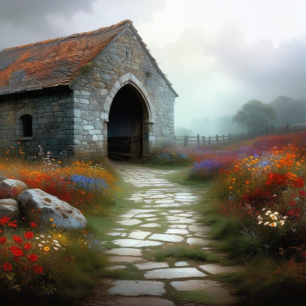 Aged Medieval Stable Amidst Autumn Wildflowers in a Stone Pa...