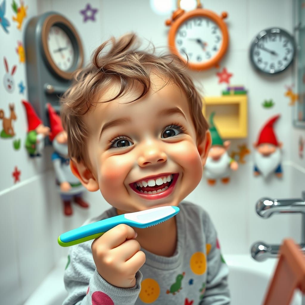 Whimsical Bathroom Scene with Child and Gnomes