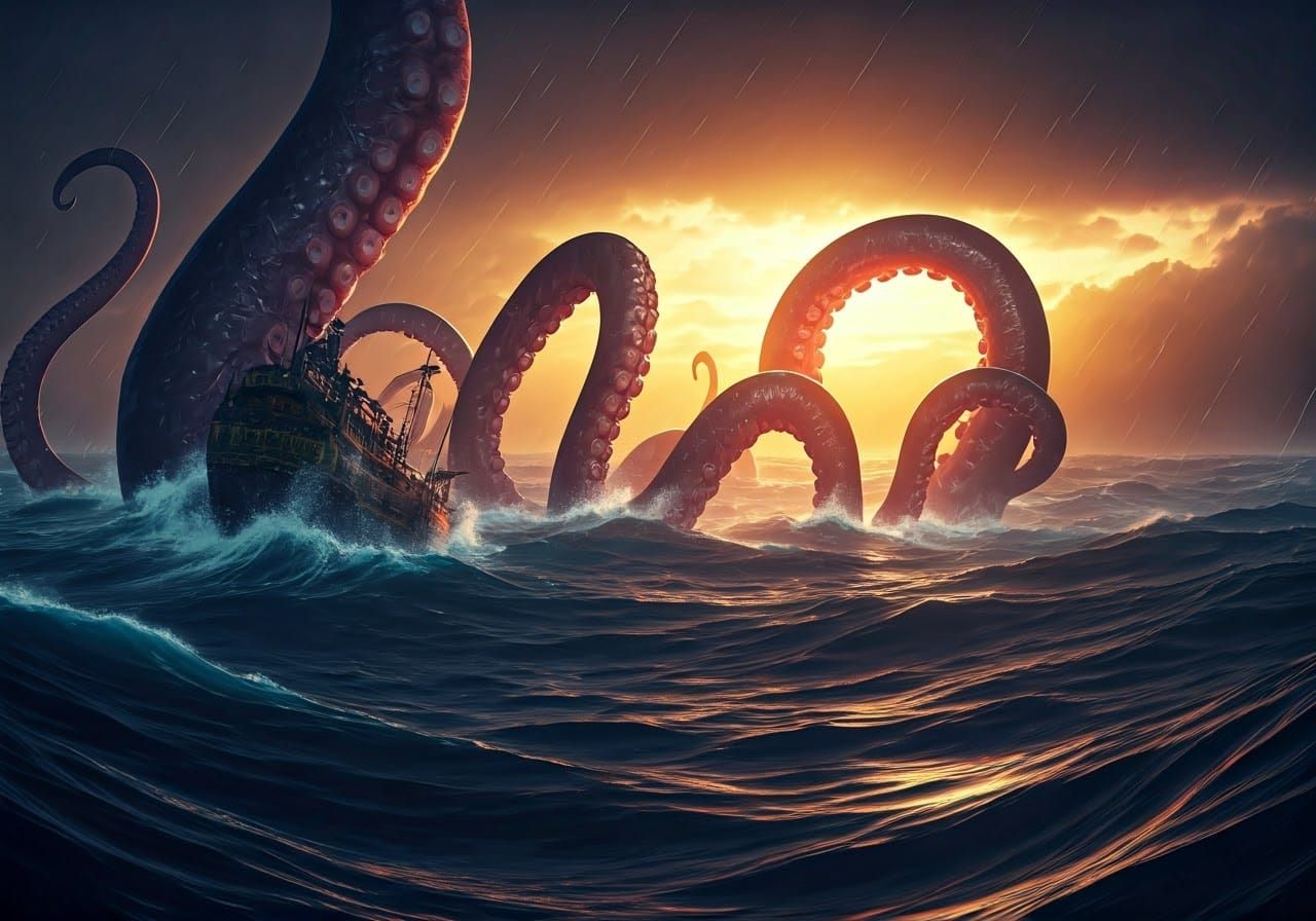 Kraken Engulfs Ship in Stormy Sea