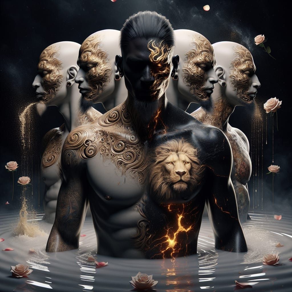 Hyperrealistic Five-Faced Humanoid with Golden Dragon Tattoo