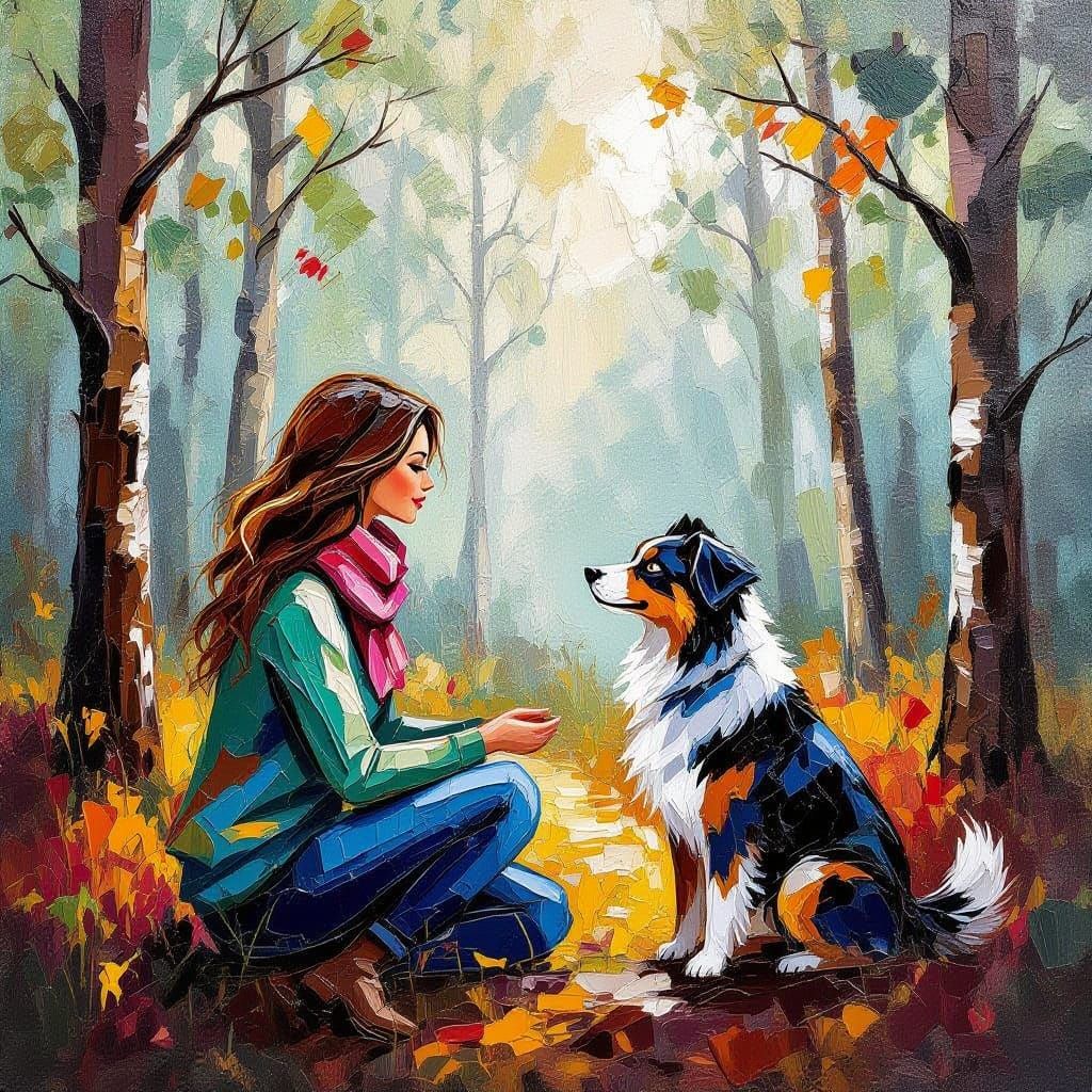 Woman and Dog in Forest, Impasto Painting
