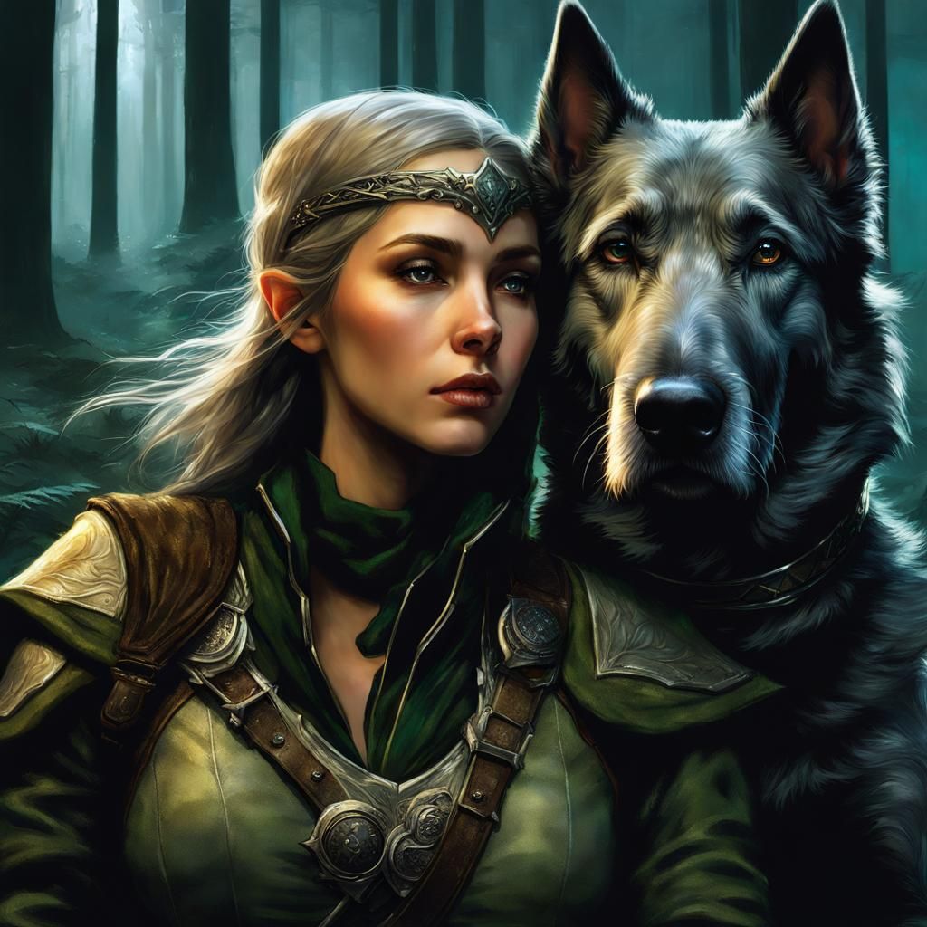 Elven Ranger and Cyborg Wolfhound in Forest