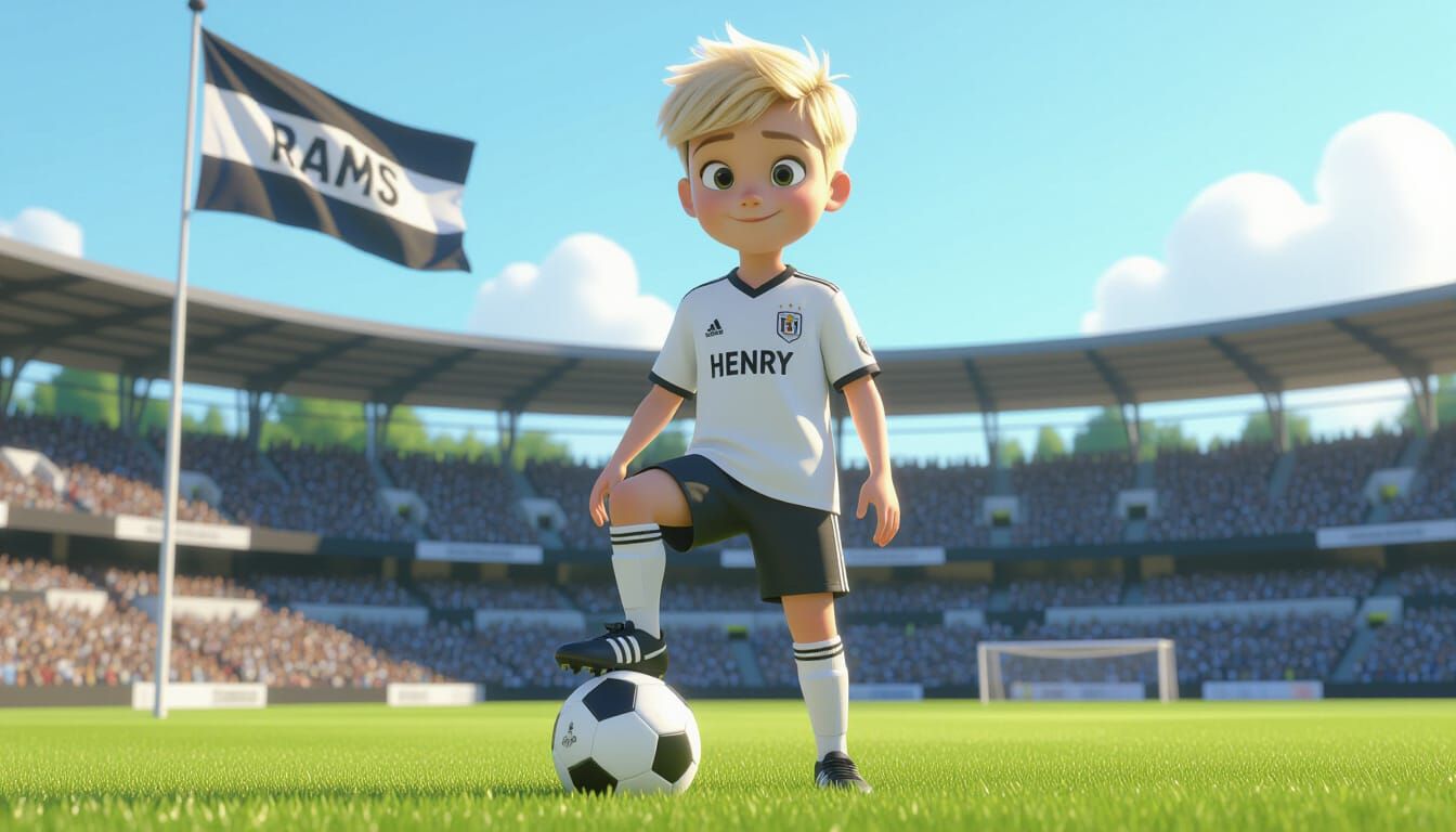Young Soccer Player "Henry" on Pitch in 3D Pixar Style