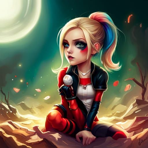 Chibi Harley Quinn Splash Art in Polychromatic Style