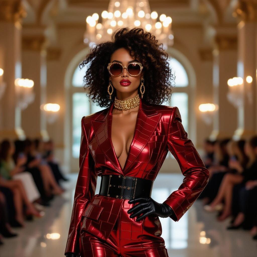 Glamorous Model in Red Metallic Suit Struts Down Luxury Runw...