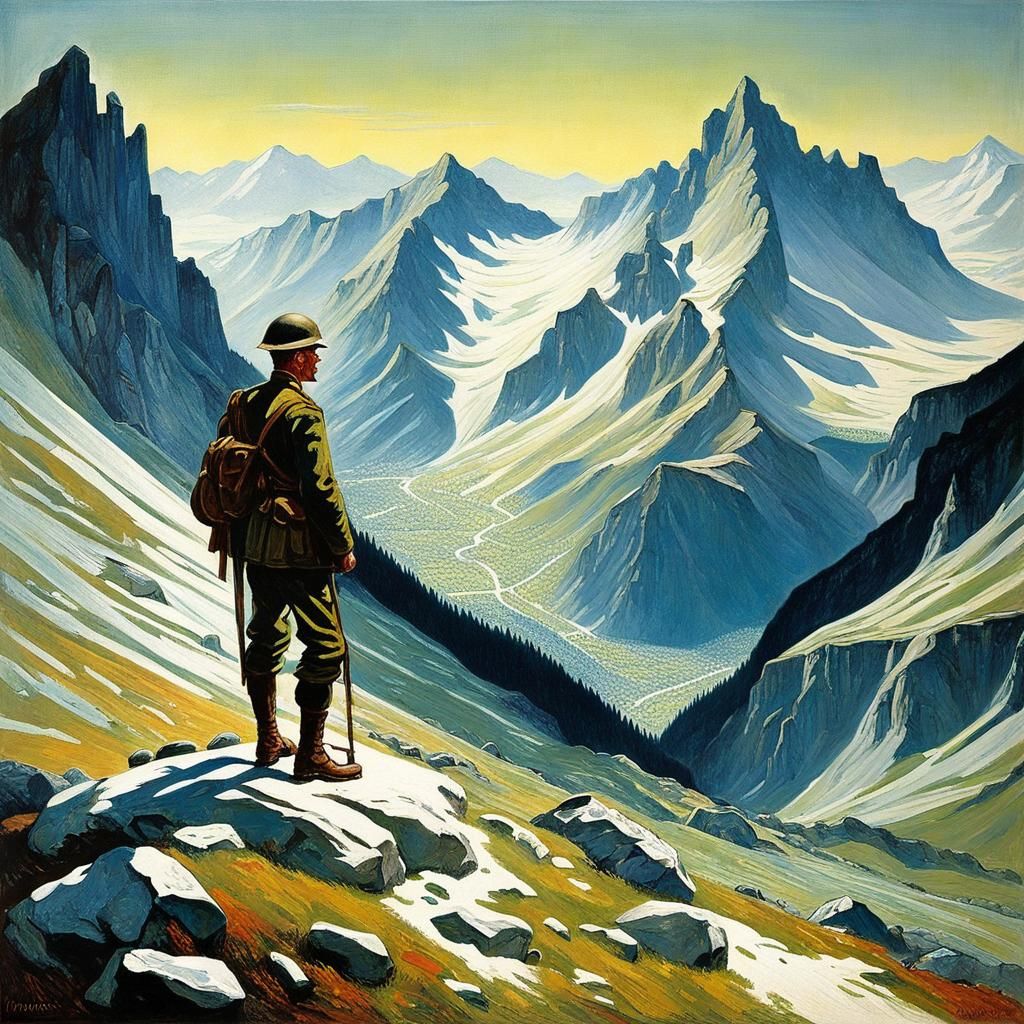 WWI Soldier Admiring Alps: Stylized Oil Painting