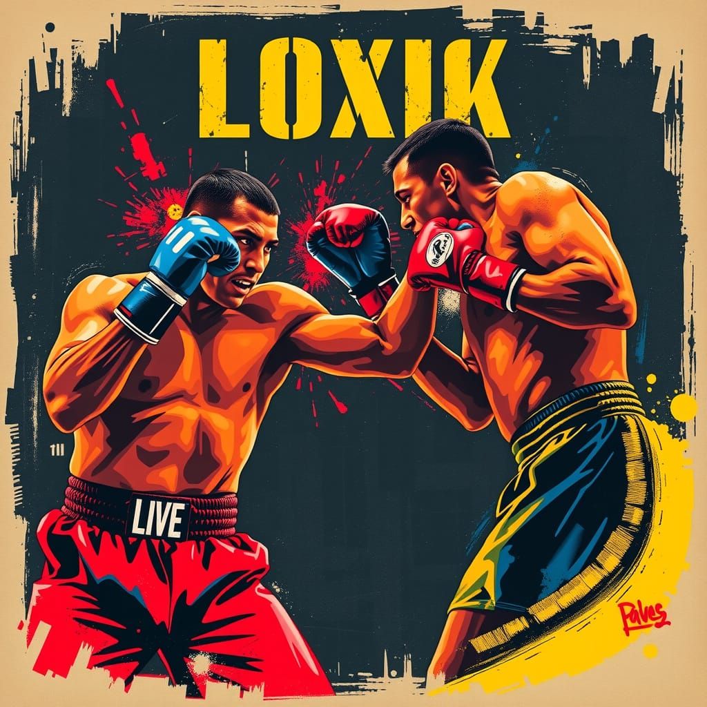 Dynamic Boxer Duel in Electric Vintage Poster Style