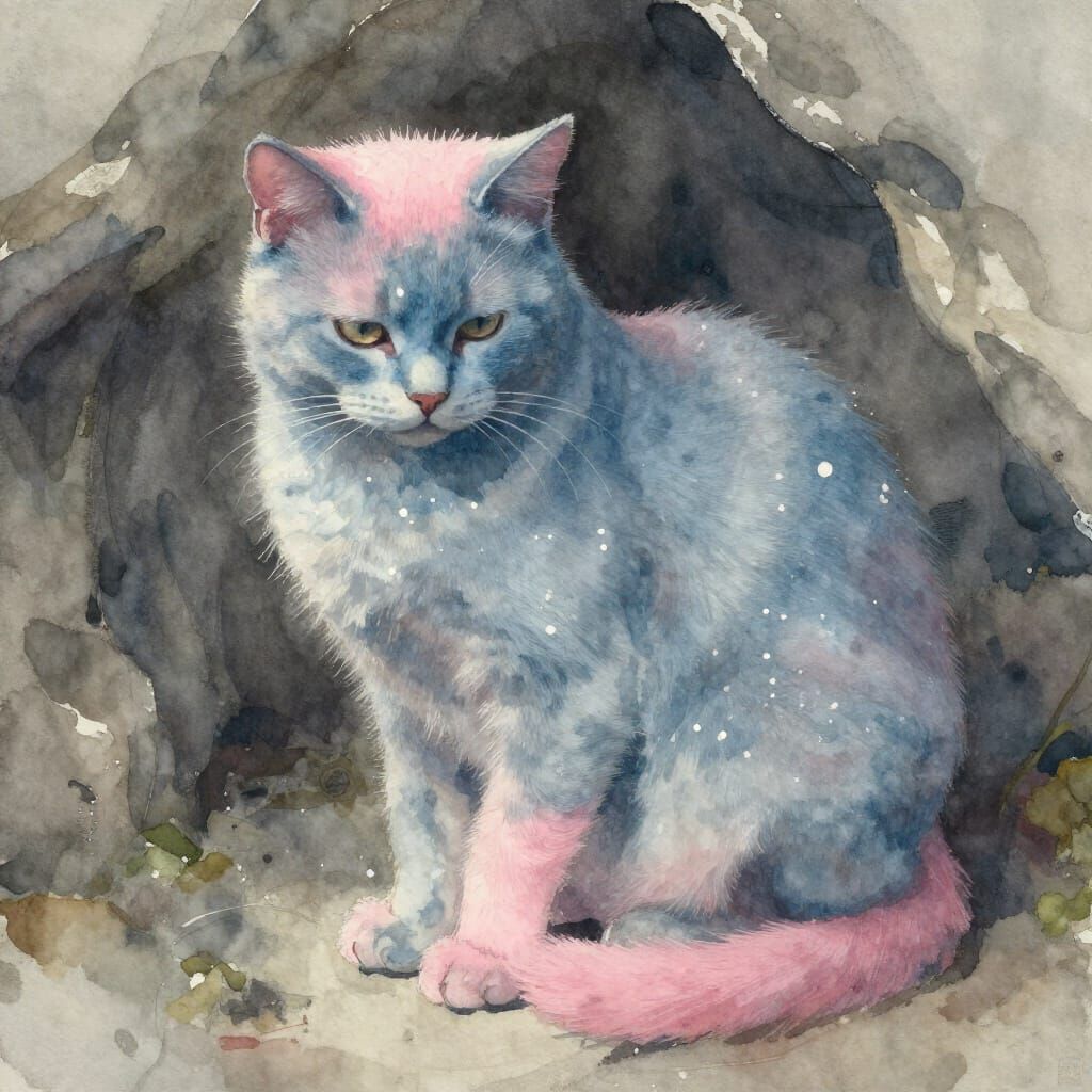 Blue Cat in Dim Cave as Watercolour Painting