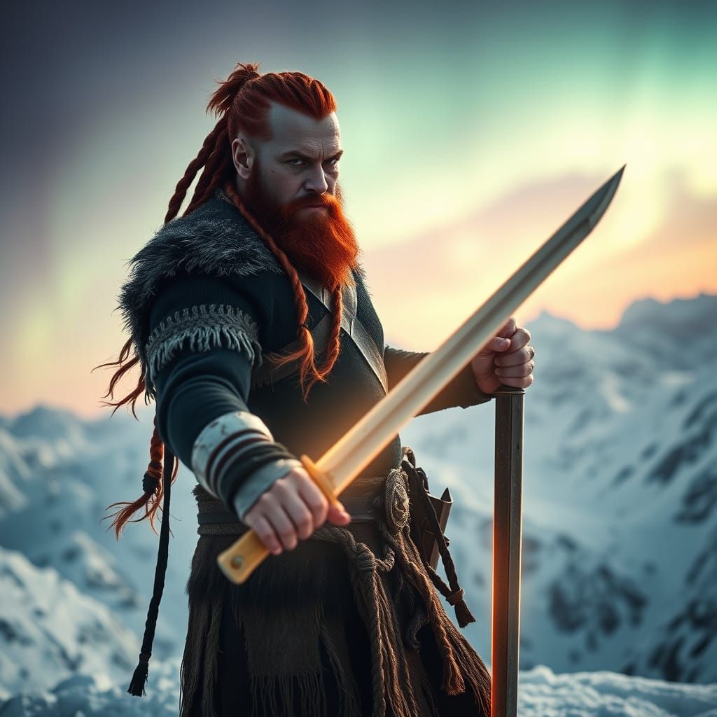 Viking Warrior Triumphant Under Northern Lights