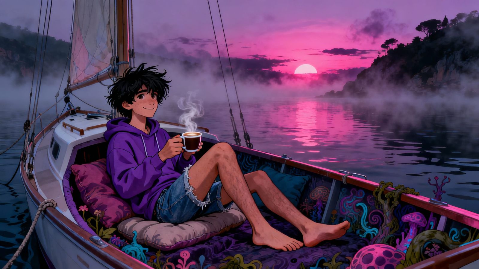 Man Watching Sunrise on Sailboat with Coffee