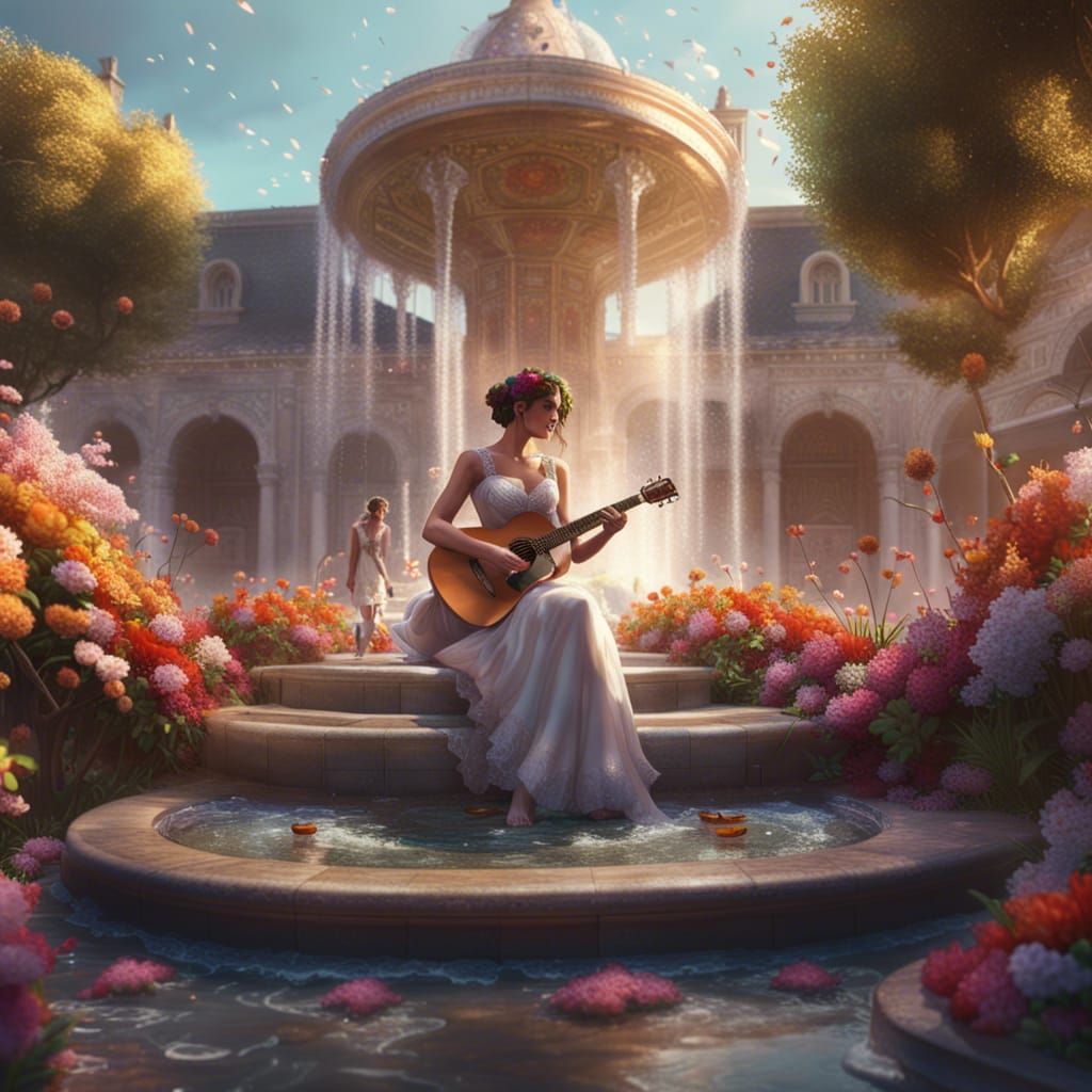 Romantic Bride by Fountain, Hyperdetailed Concept Art