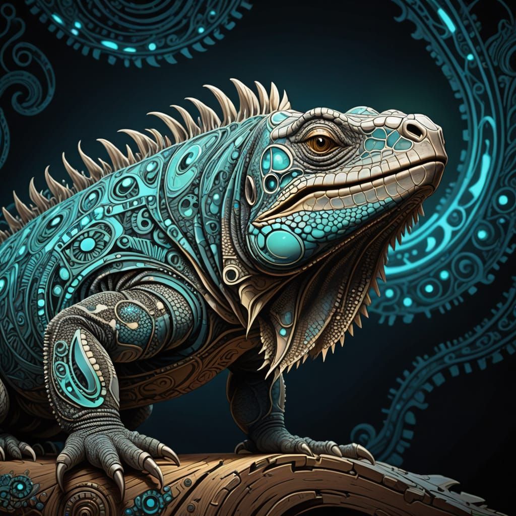 Electric Rhinoceros Iguana in a Vibrant Wild West Saloon