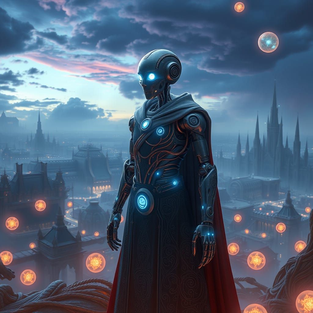 Cyberpunk Robot Seer in Dreamlike Cityscape