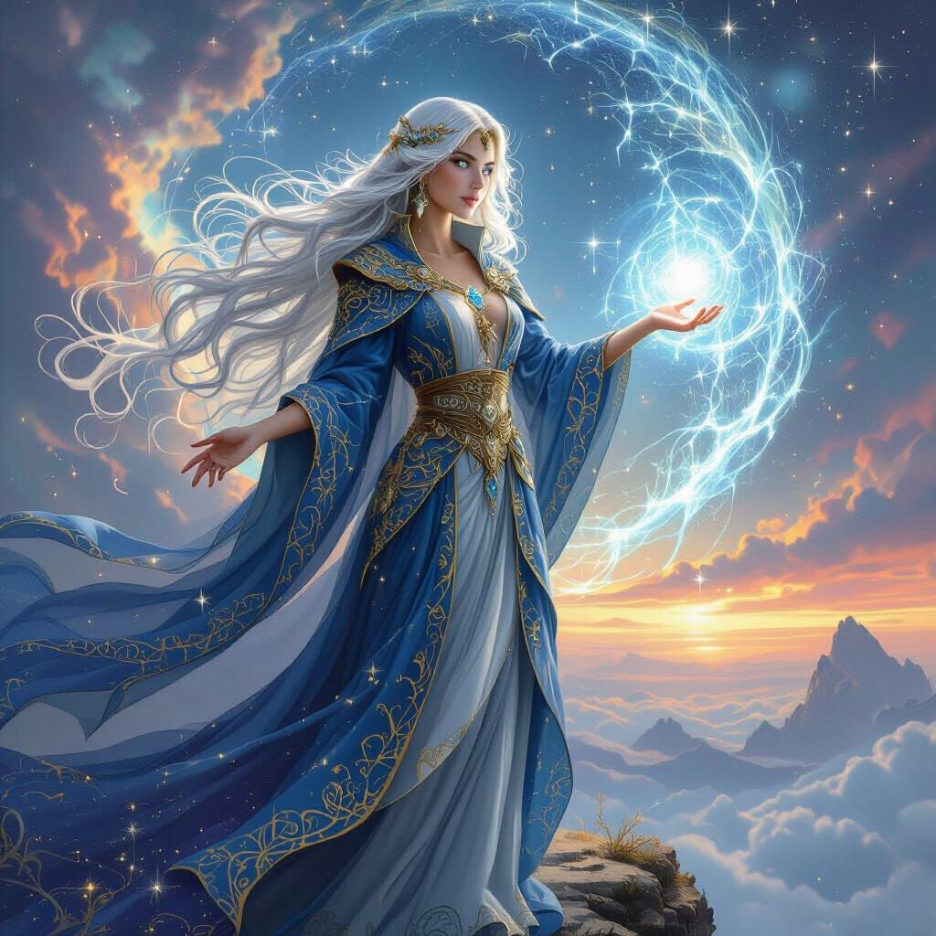 Beautiful Wizard Conjures Portal on Nebula Cliff