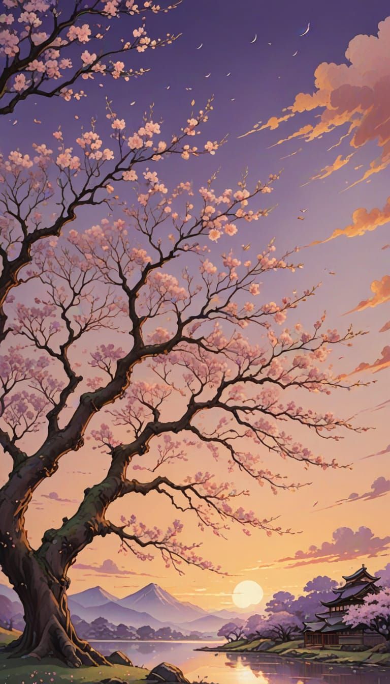 Anime-Style Cherry Blossom Tree in Golden Twilight