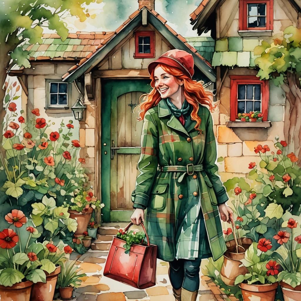 Whimsical Watercolor of Woman at Cottage Door