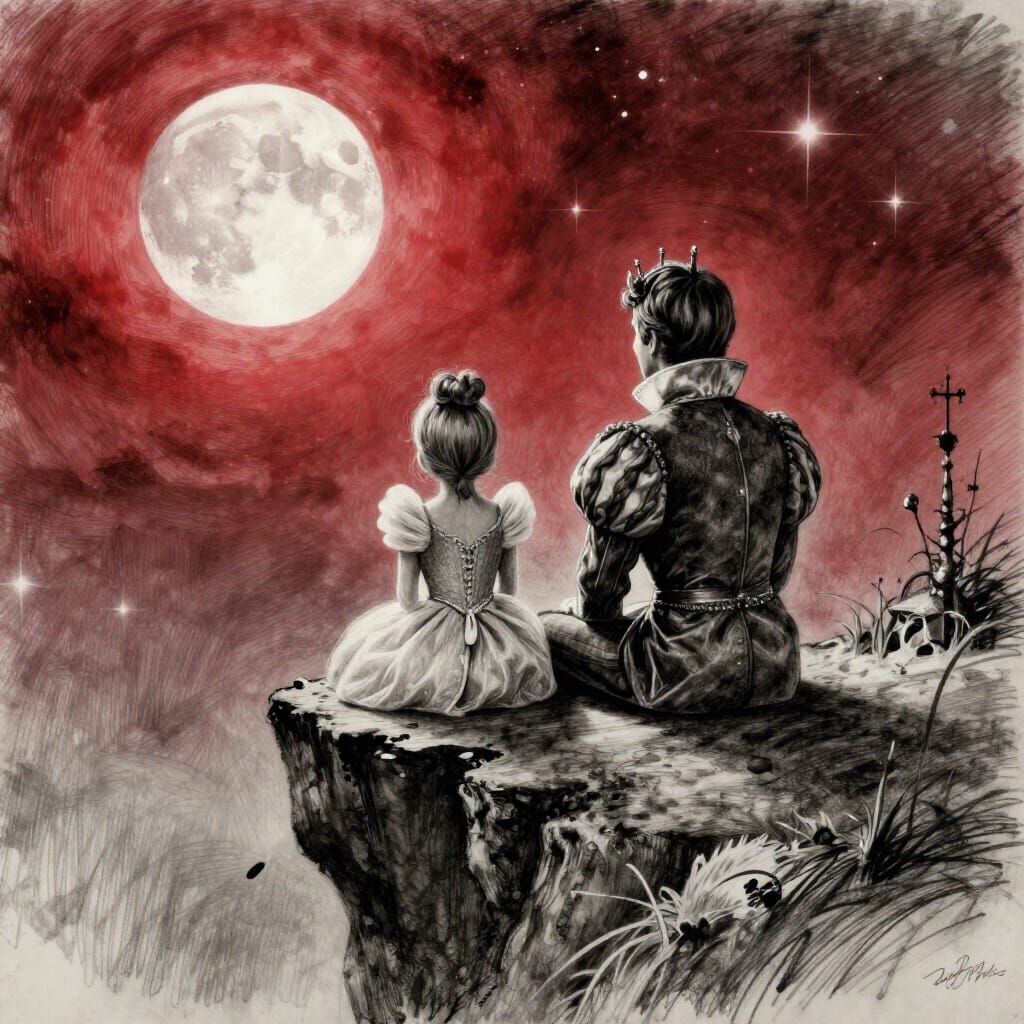 Cinderella and Prince Under Blood Moon Charcoal Sketch