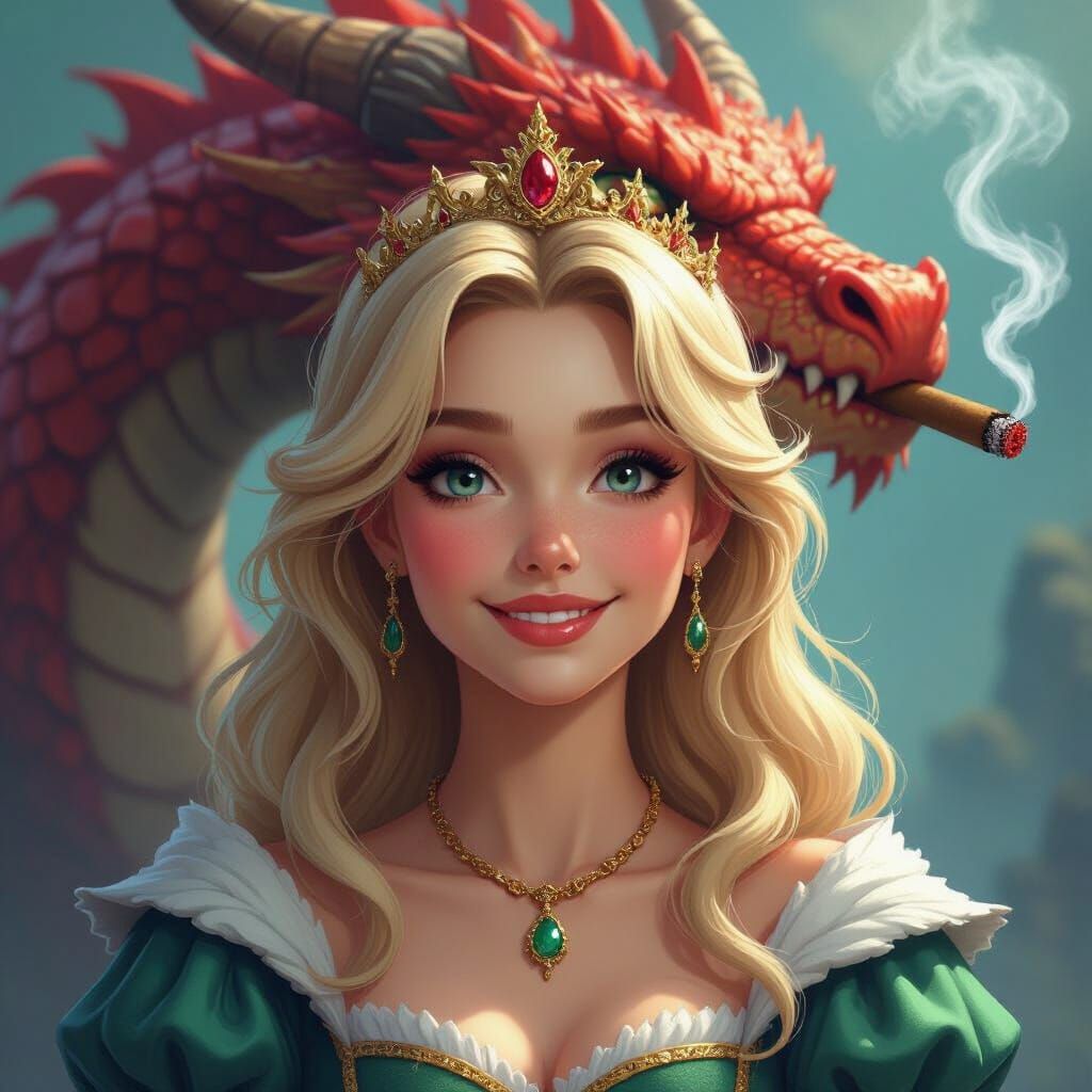 Princess with Dragon Smoking Cigar, Whimsical Art