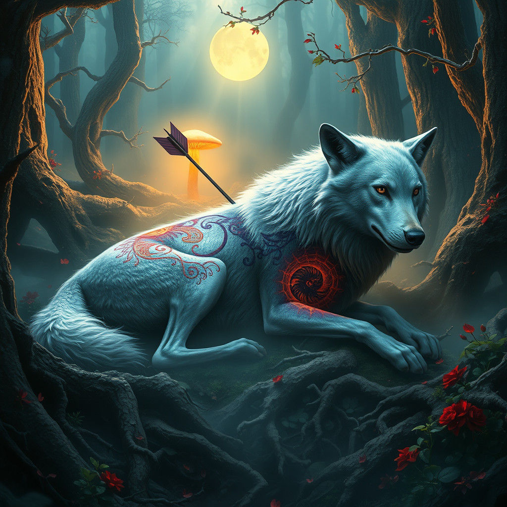 Wounded Wolf in Moonlit Forest, Digital Art