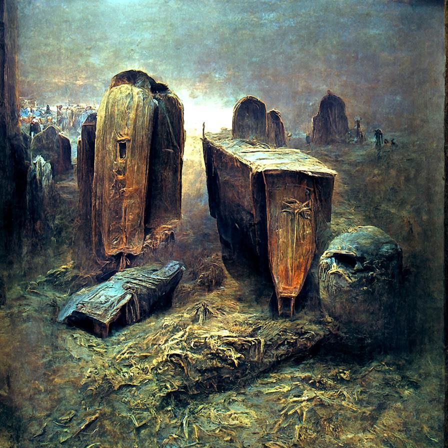 Coffins and Tombstones in Dark Surrealist Style