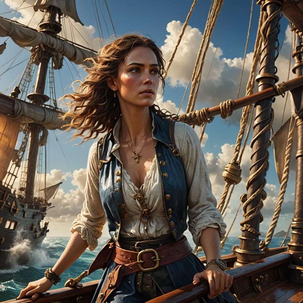 Pirate Woman on Ship Bow in Caribbean Style