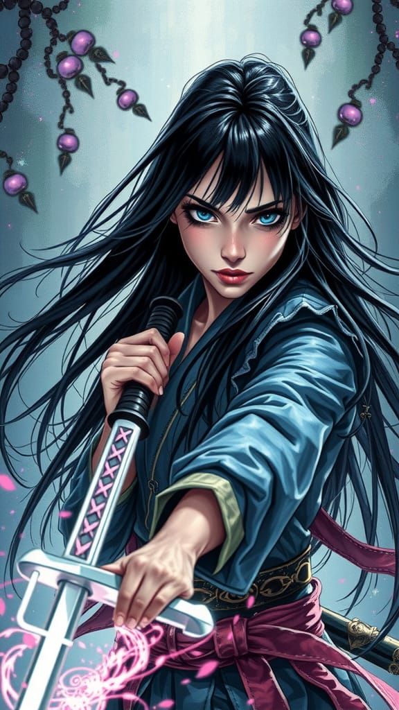 Swordswoman Casting Magic in Fantasy Landscape