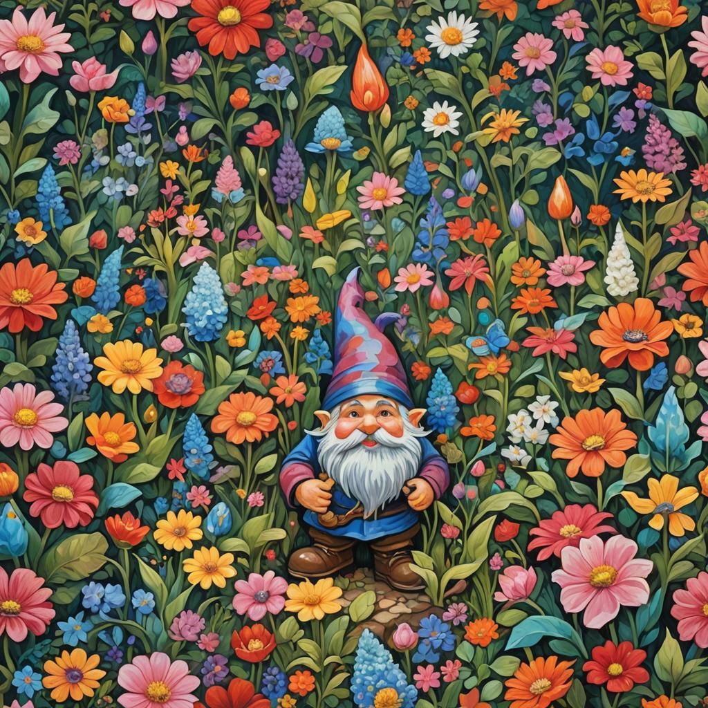 Gnome's Maximalist Garden: A Gouache Masterpiece