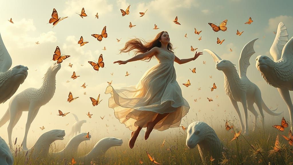 Girl Flying with Butterflies and Mythical Sculptures