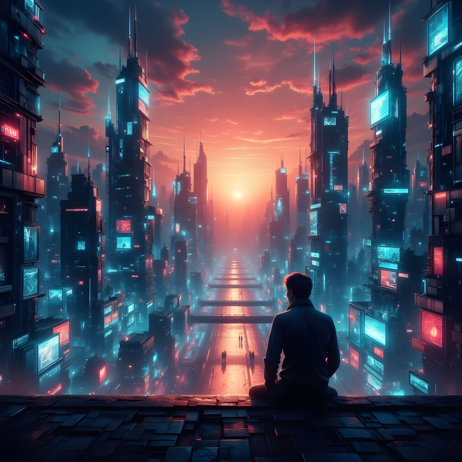 Retrofuturistic Cityscape at Dusk in Oil Painting Style