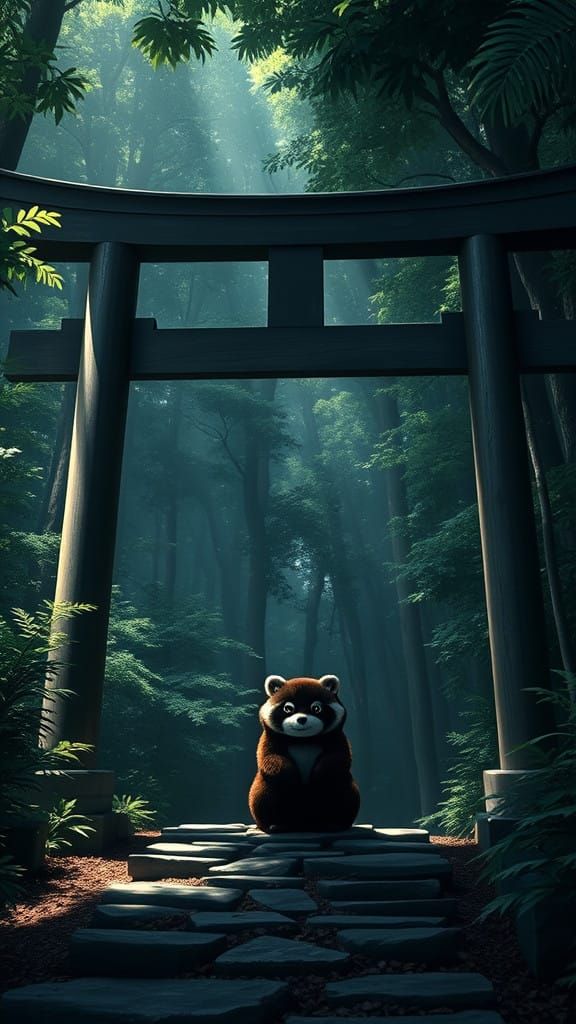 Serene Torii Gate in Lush Forest with Contemplative Tanuki