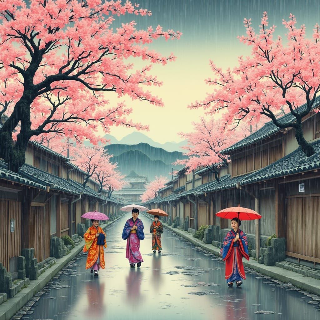 Sakura Blossoms in Spring Rain, Traditional Japanese Scene