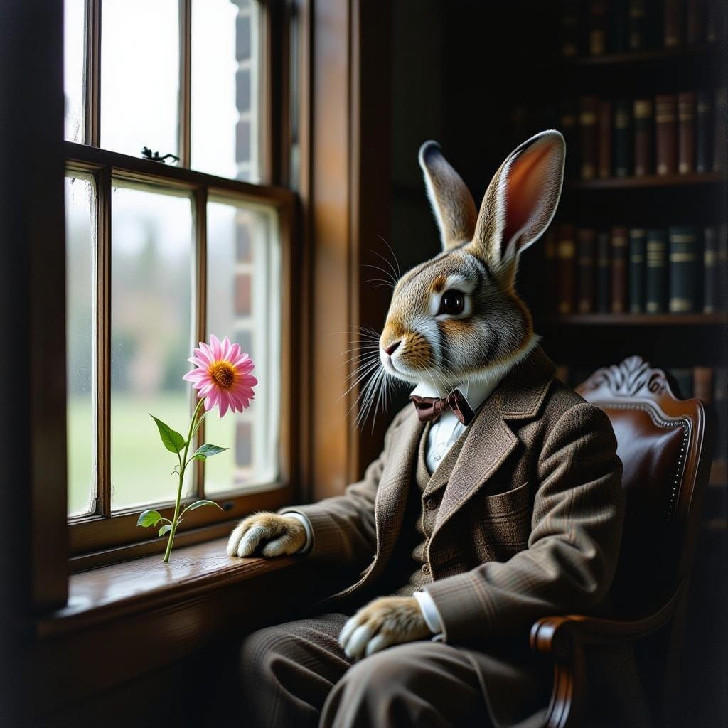 Rabbit in Tweed Suit Contemplates Wilting Flower