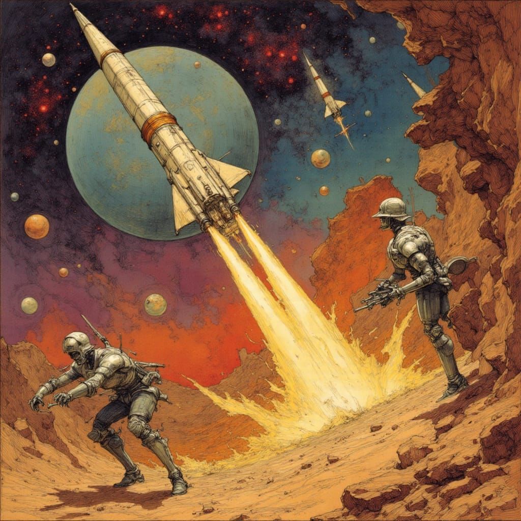 Vintage Sci-Fi Pulp Art: Rocket Blasts Off Alien Planet